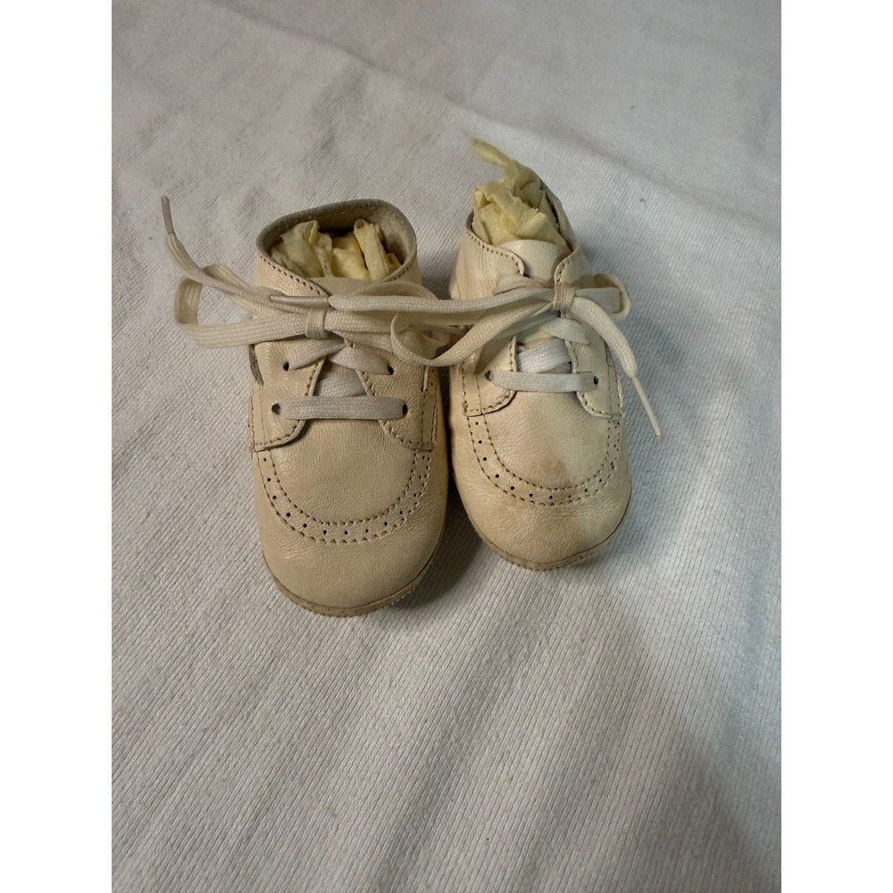 Vintage Cream Leather Baby Shoes‎ Lace Up Brogue Soft Sole Crib Shoes Size 2